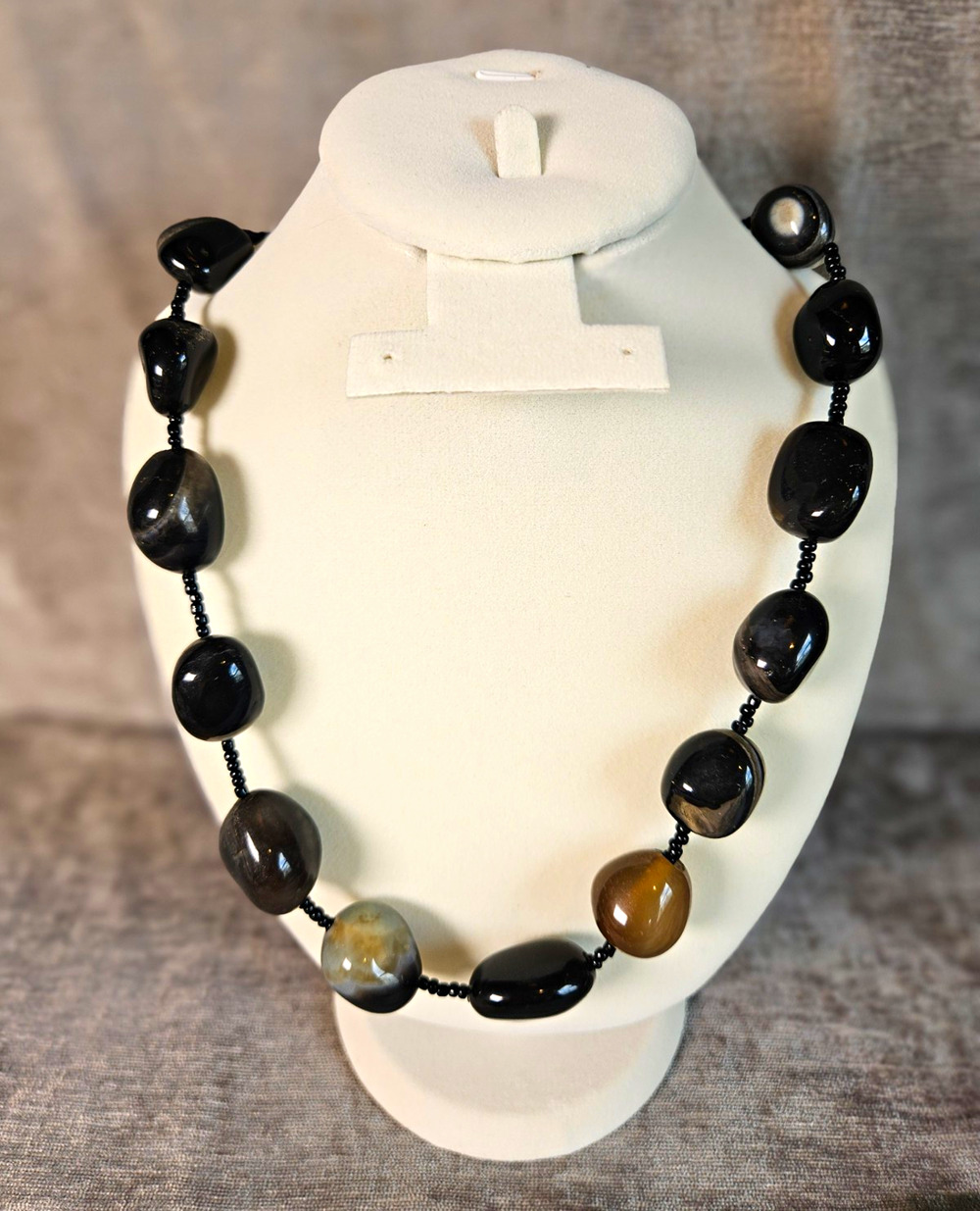 Black Brown Gray Beaded Stone Necklace Adjustable Lobster Clasp Vintage